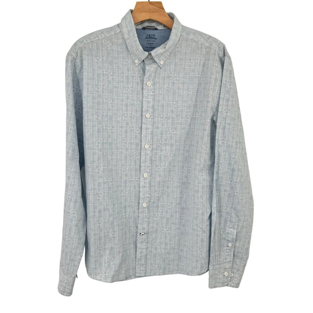 IZOD Saltwater Slim Fit Shirt size Large mens Cotton blend Blue tropical pattern